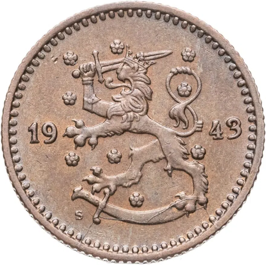 Финляндия 1 марка (markka) 1943  Медь /коричневый цвет/, реверс