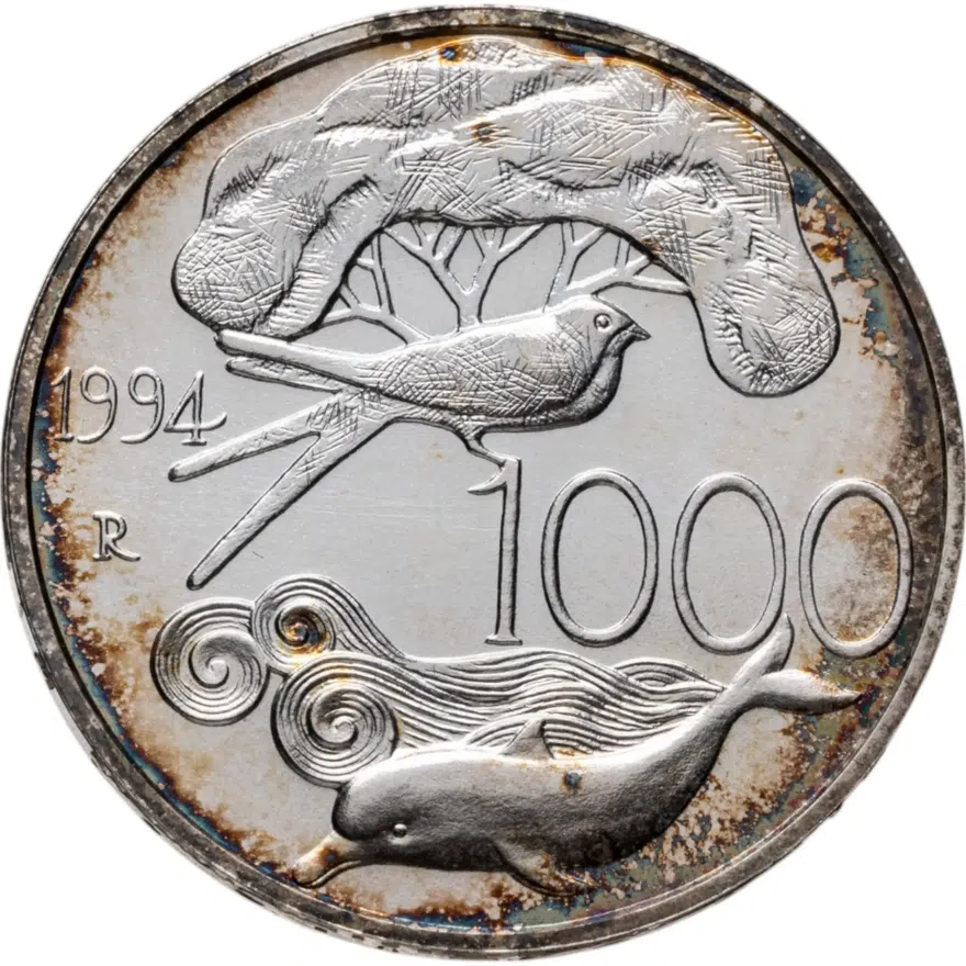 Италия 1000 лир 1994 Защита дикой природы, реверс