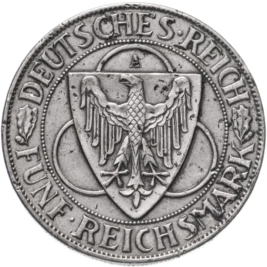 Германия 5 рейхсмарок (reichsmark) 1930 A Освобождение Рейнской области (Рейнланда) знак монетного двора "A" — Берлин