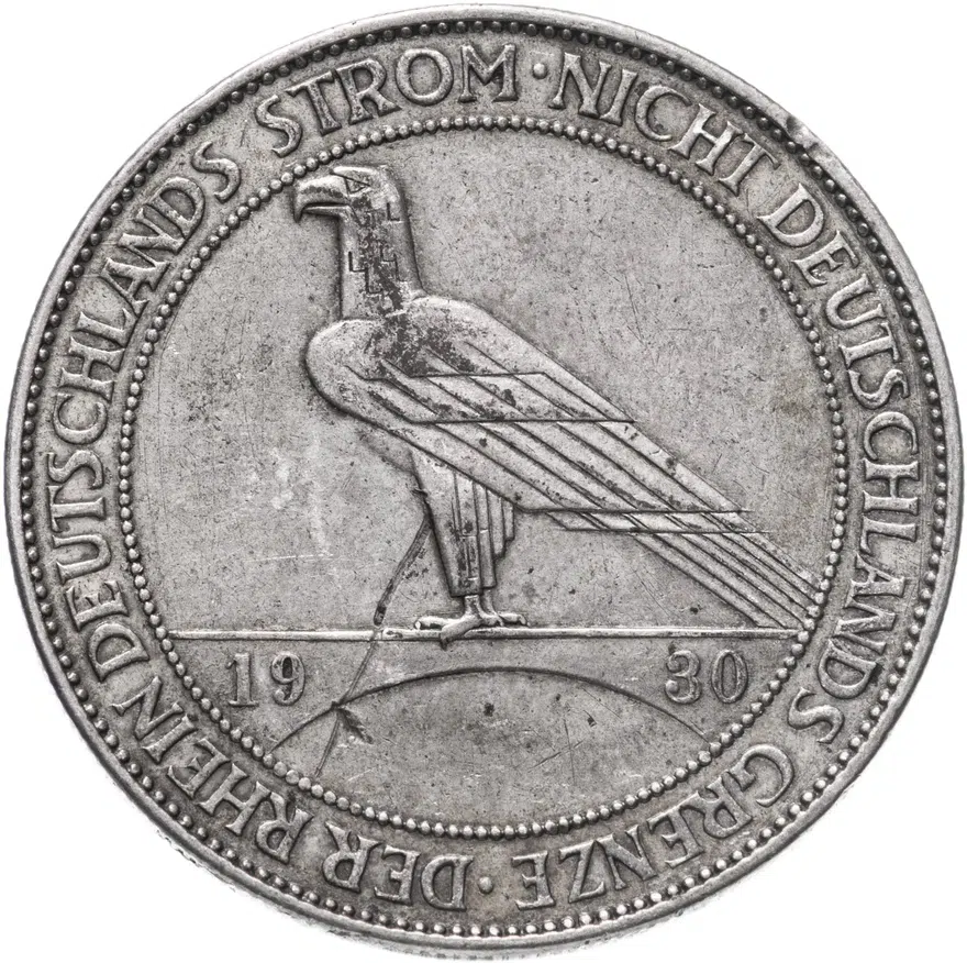 Германия 5 рейхсмарок (reichsmark) 1930 A Освобождение Рейнской области (Рейнланда) знак монетного двора "A" — Берлин, реверс