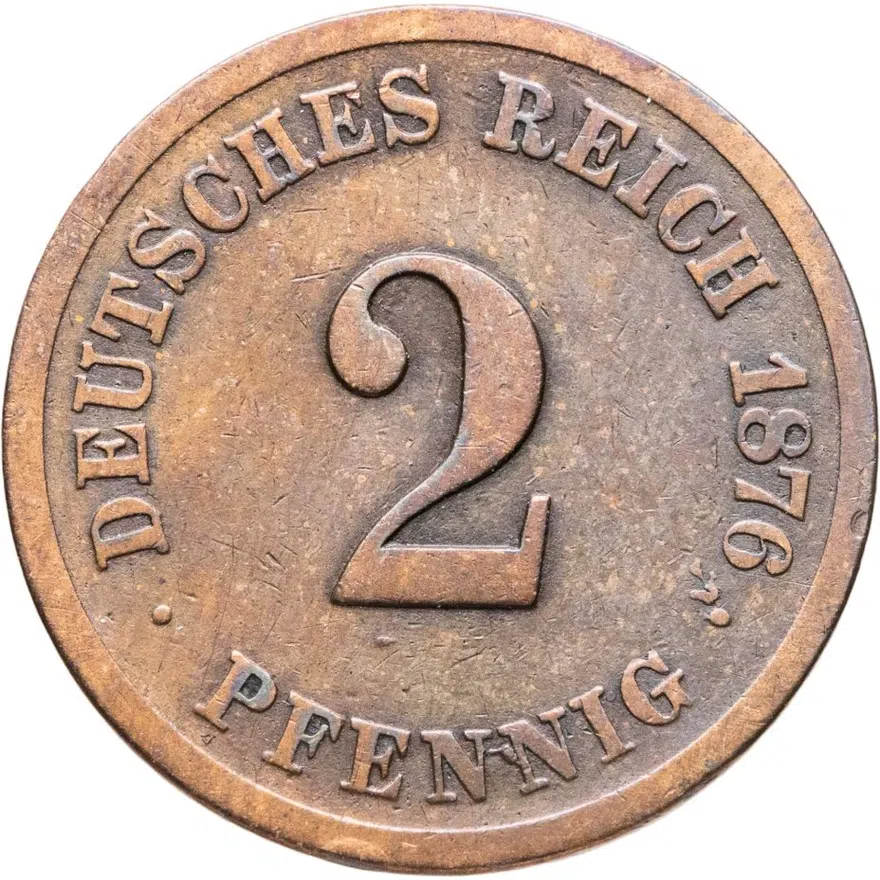 Германия 2 пфеннига (pfennig) 1876 F  знак монетного двора: "F" - Штутгарт
