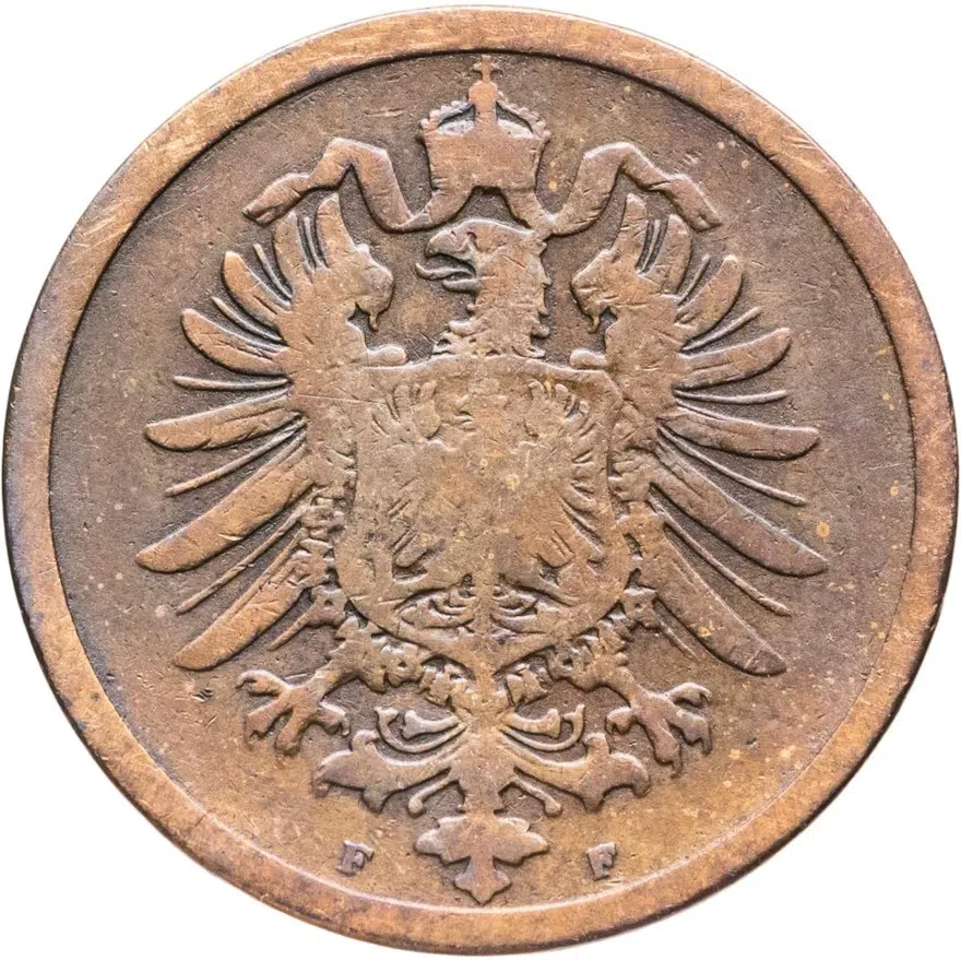 Германия 2 пфеннига (pfennig) 1876 F  знак монетного двора: "F" - Штутгарт, реверс