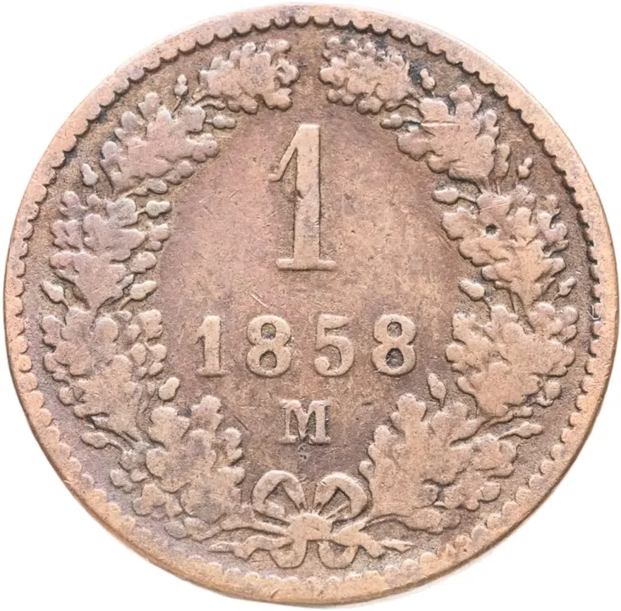 Австрия 1 крейцер (kreuzer) 1858 M  знак монетного двора "M" - Милан