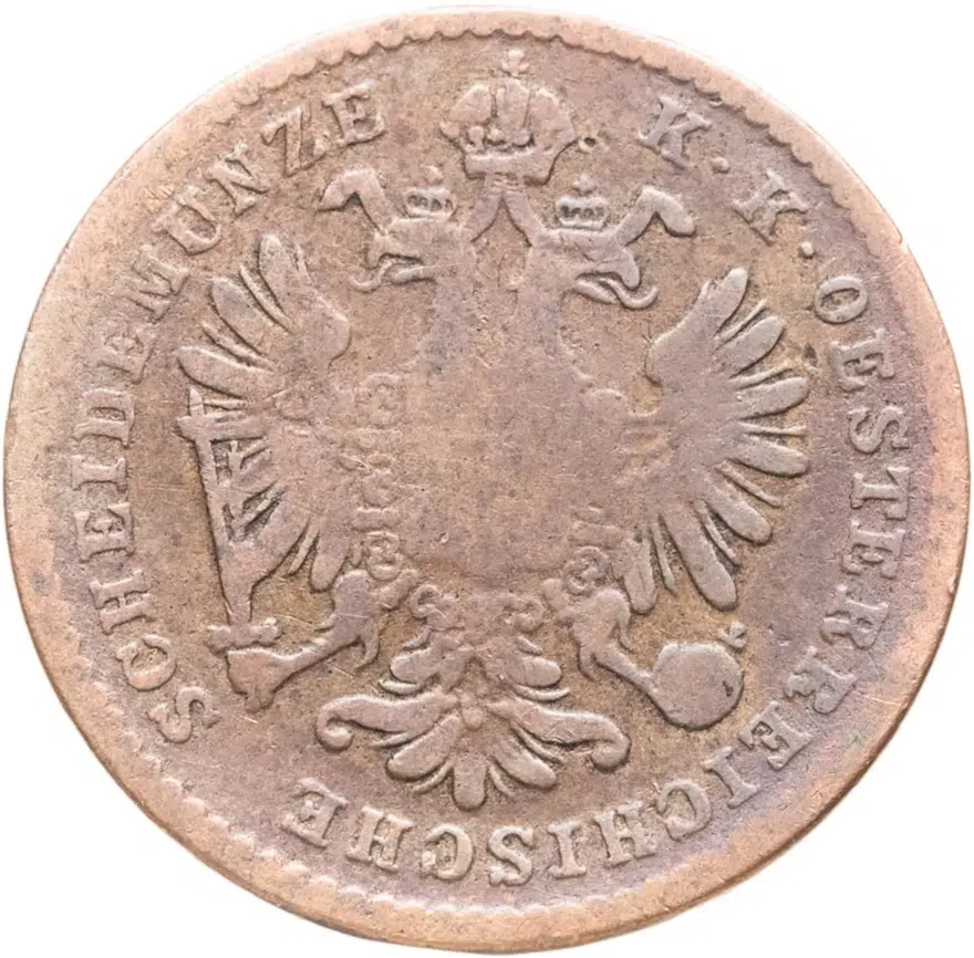 Австрия 1 крейцер (kreuzer) 1858 M  знак монетного двора "M" - Милан, реверс