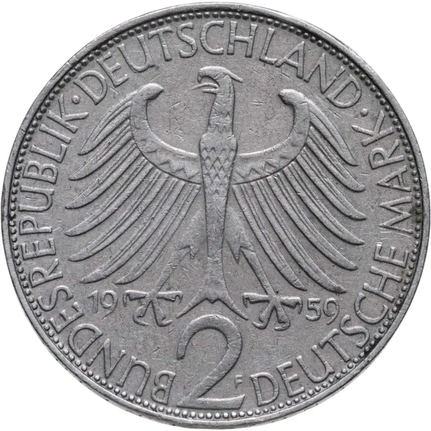 Германия (ФРГ) 2 марки 1959 Макс Планк знак монетного двора: "F" - Штутгарт