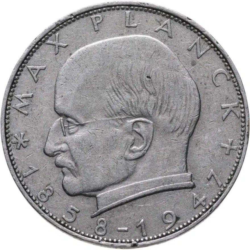 Германия (ФРГ) 2 марки 1959 Макс Планк знак монетного двора: "F" - Штутгарт, реверс