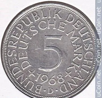 Германия 5 марок 1968 Отметка монетного двора: "D" - Мюнхен