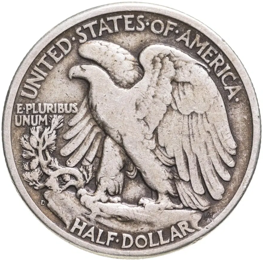 США 50 центов (1/2 доллара, half dollar) 1944 D Walking Liberty Half Dollar знак монетного двора: "D" - Денвер, реверс