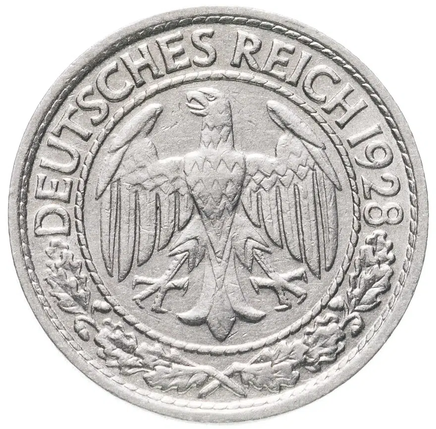 Германия 50 рейхспфеннигов (reichspfennig) 1928 F знак монетного двора "F" — Штутгарт