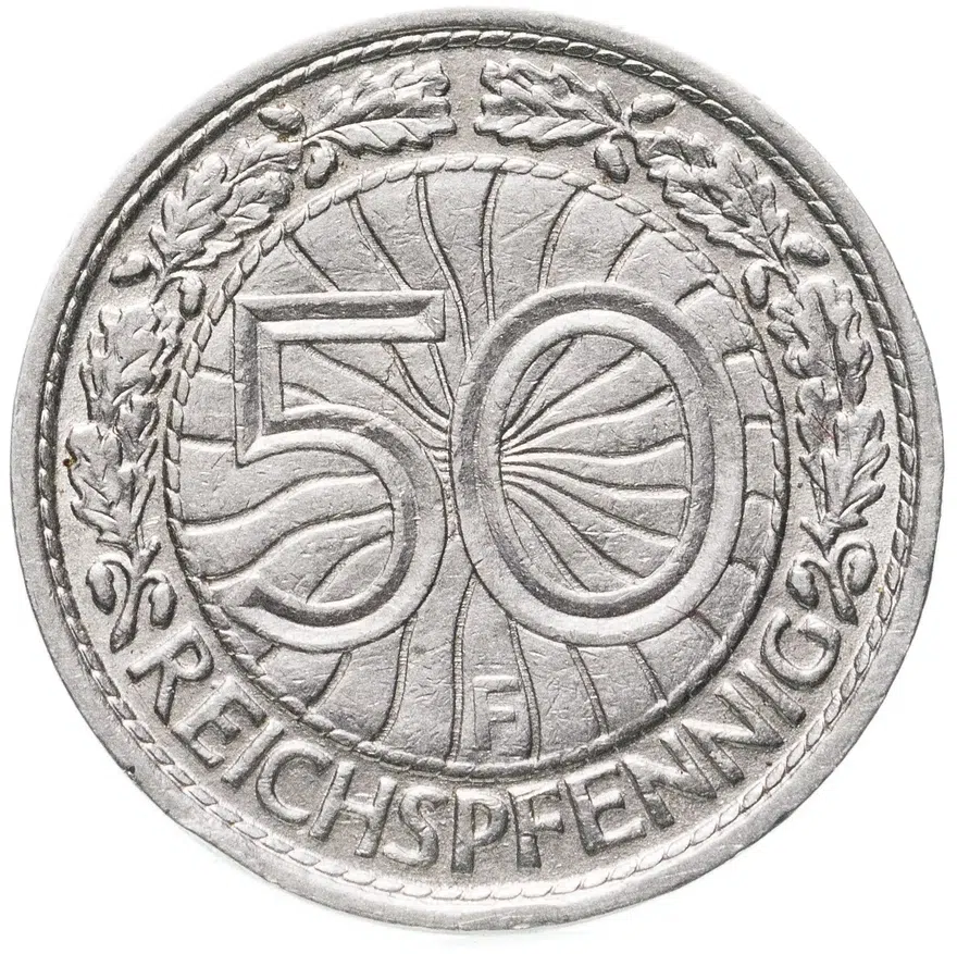 Германия 50 рейхспфеннигов (reichspfennig) 1928 F знак монетного двора "F" — Штутгарт, реверс