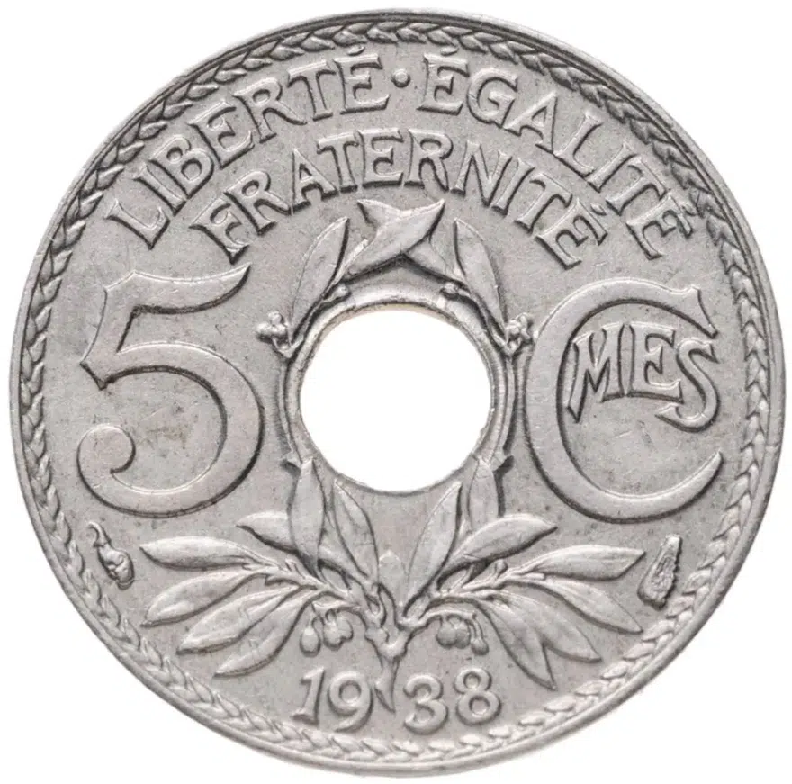 Франция 5 сантимов (centimes) 1938  Новый тип: Отверстие в центре, аверс