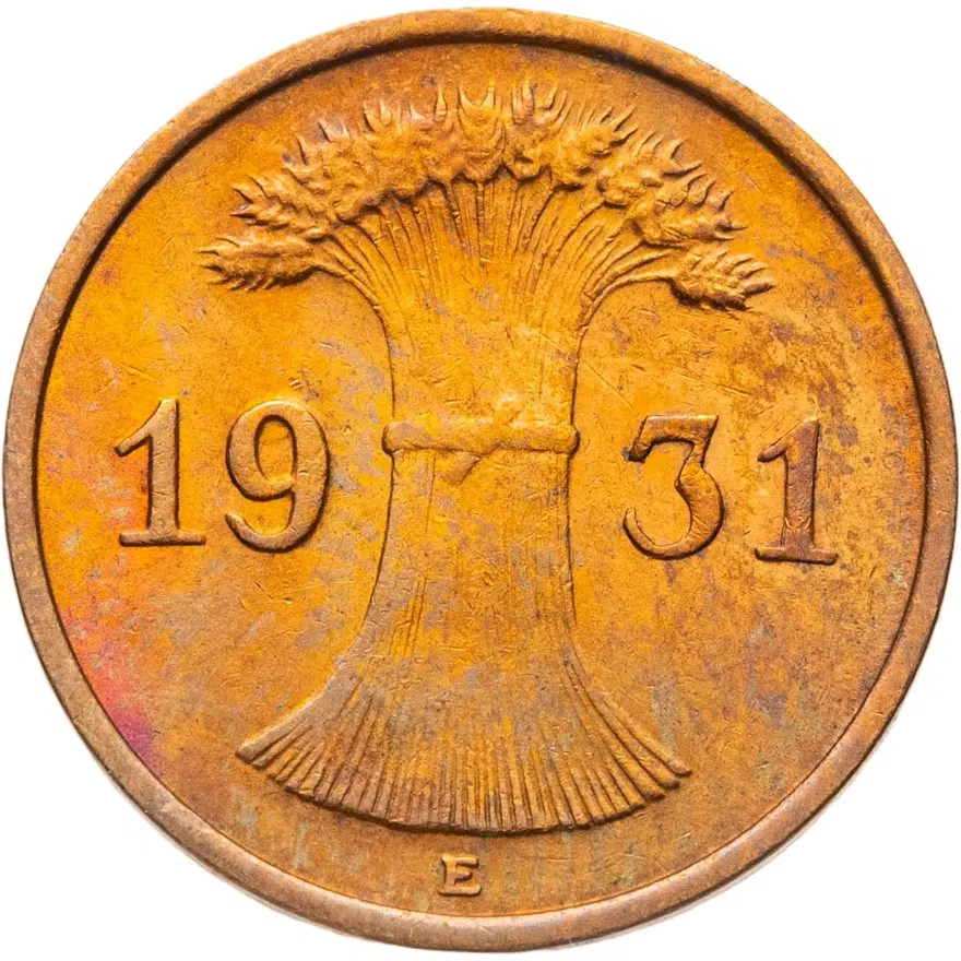 Германия 1 рейхспфенниг (reichspfennig) 1931 E  знак монетного двора "E" — Мульденхюттен, реверс