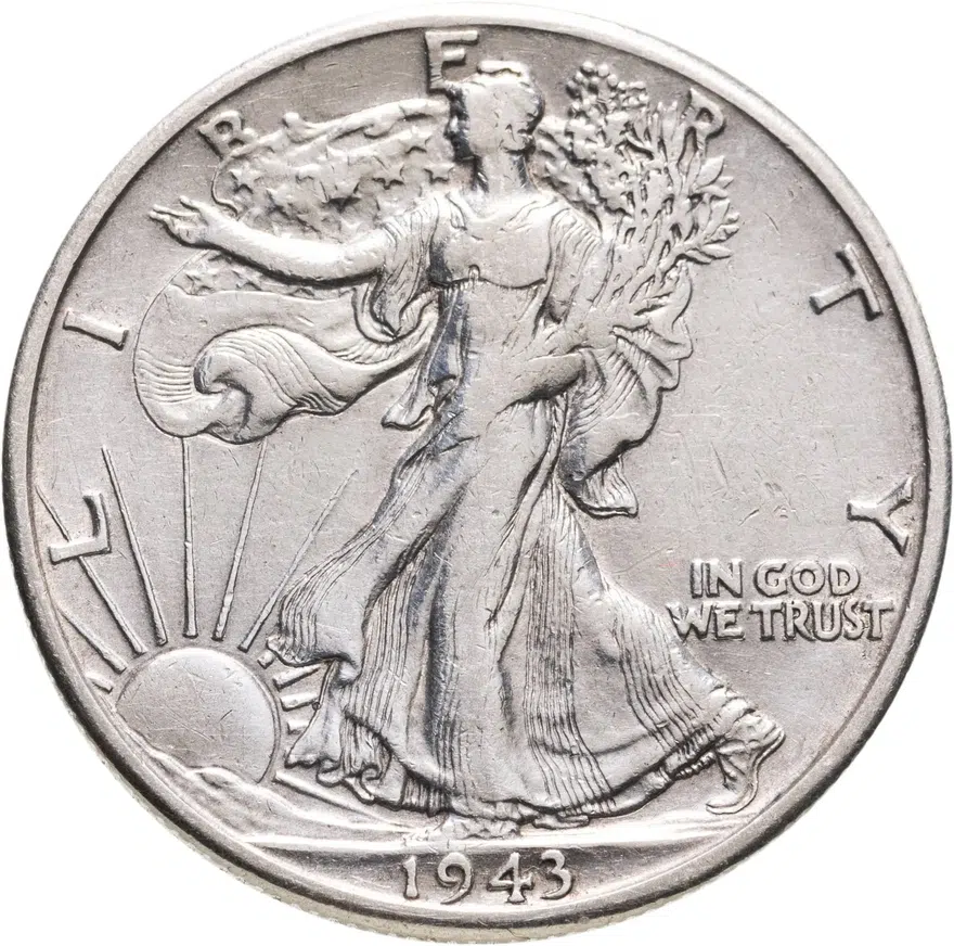 США 50 центов (1/2 доллара, half dollar) 1943 D Walking Liberty Half Dollar знак монетного двора: "D" - Денвер