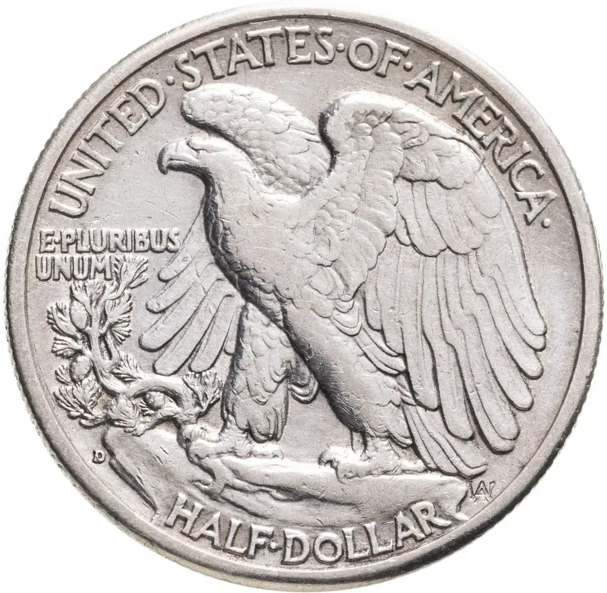 США 50 центов (1/2 доллара, half dollar) 1943 D Walking Liberty Half Dollar знак монетного двора: "D" - Денвер, реверс