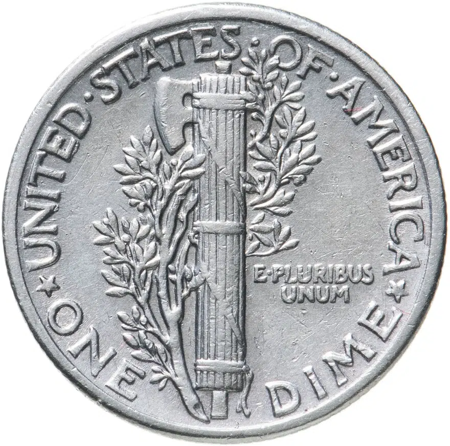 США 10 центов (дайм, one dime) 1943  Mercury Dime (дайм «Меркурий») без обозначения монетного двора, аверс