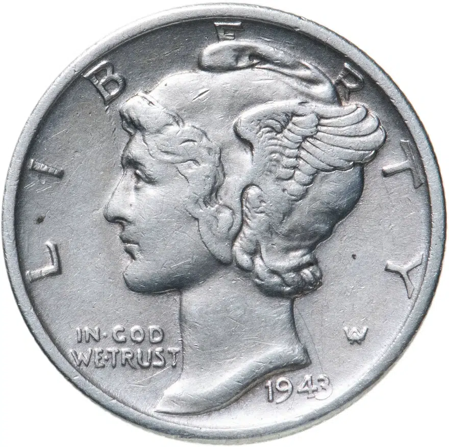 США 10 центов (дайм, one dime) 1943  Mercury Dime (дайм «Меркурий») без обозначения монетного двора, реверс
