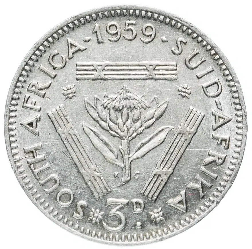 ЮАР 3 пенса (pence) 1959   Без инициалов "KG" на реверсе, аверс