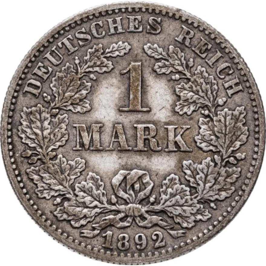 Германия 1 марка (mark) 1892 F  знак монетного двора: "F" - Штутгарт, аверс