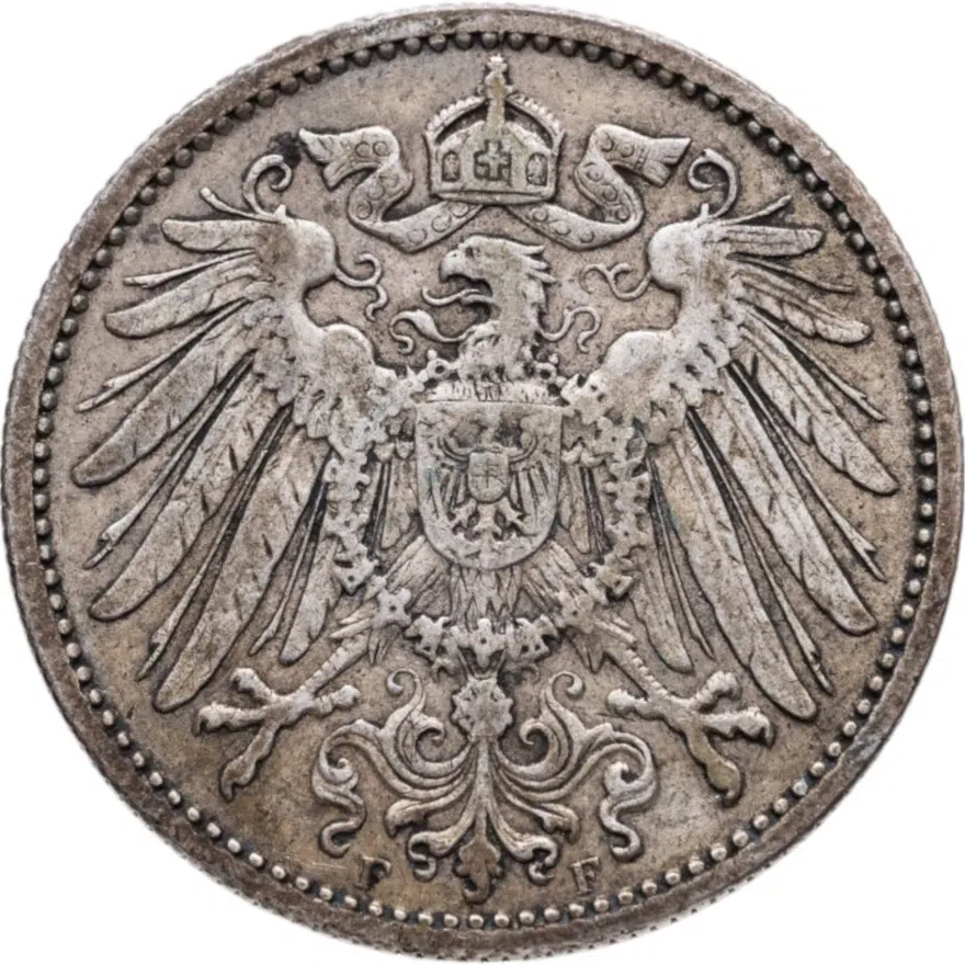 Германия 1 марка (mark) 1892 F  знак монетного двора: "F" - Штутгарт, реверс