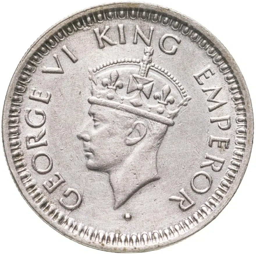 Индия (Британская) 1/4 рупии (rupee) 1945 ♦ Ребристый гурт с желобом внутри знак монетного двора: "♦" - Бомбей, реверс