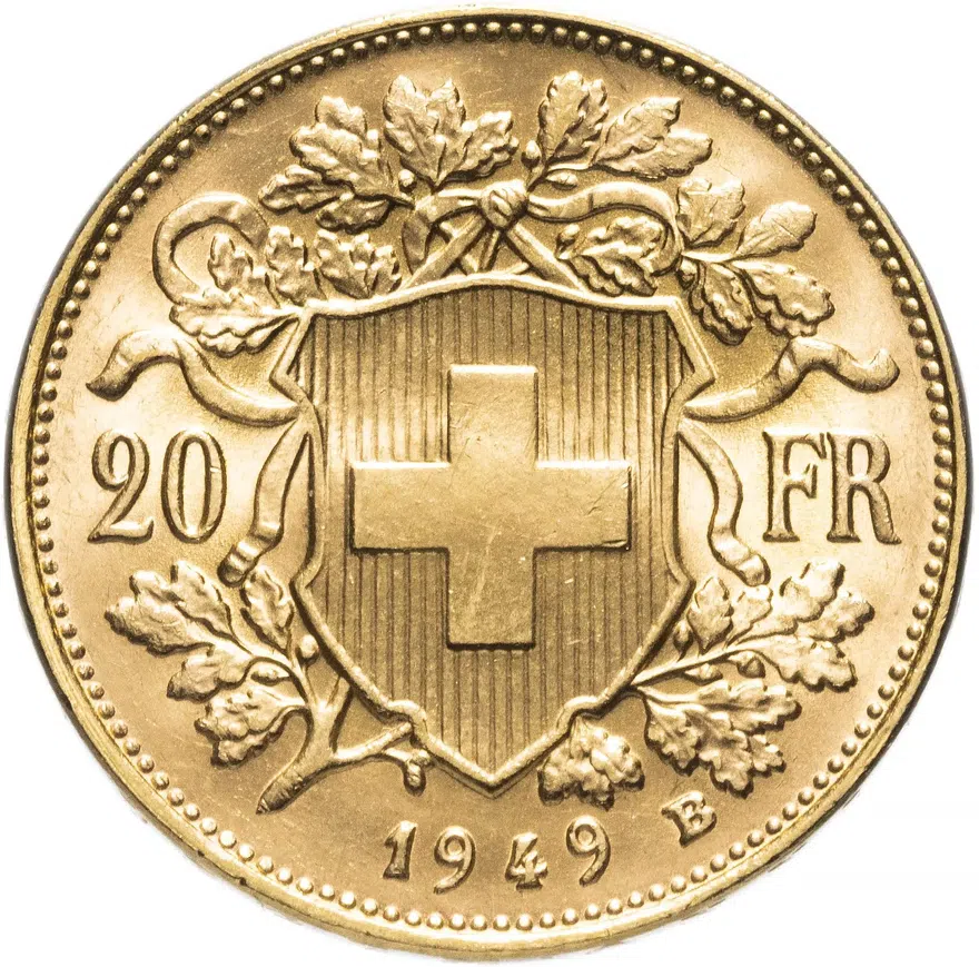 Швейцария 20 франков (francs) 1949, реверс