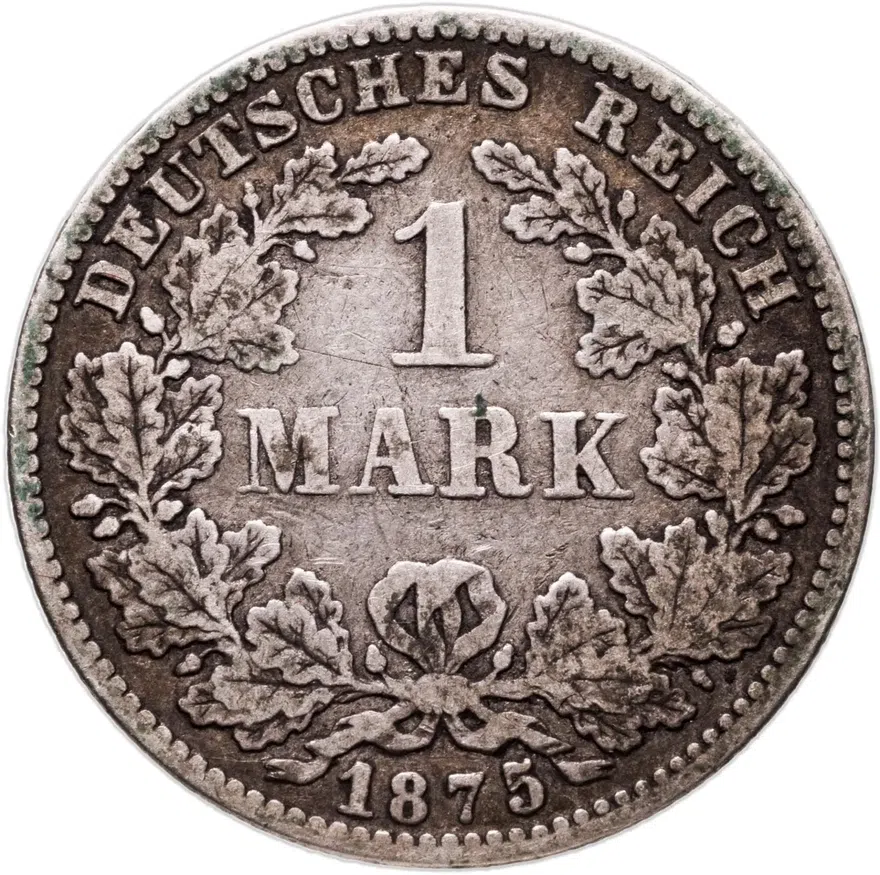 Германия 1 марка (mark) 1875 G  знак монетного двора: "G" - Карлсруэ