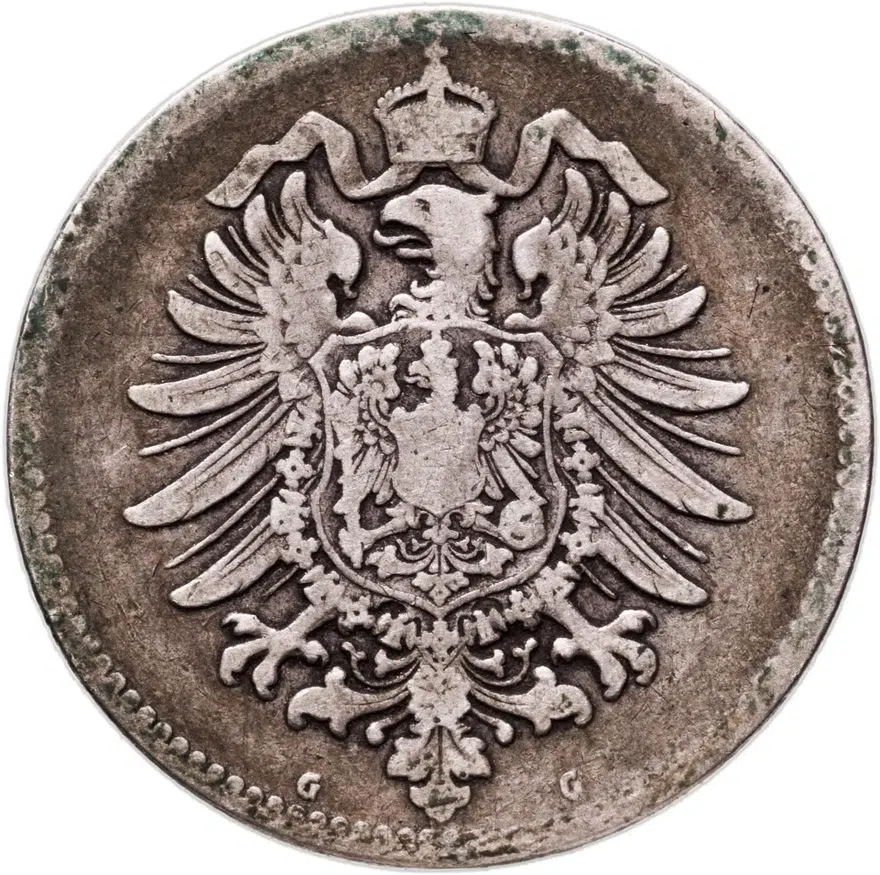 Германия 1 марка (mark) 1875 G  знак монетного двора: "G" - Карлсруэ, реверс