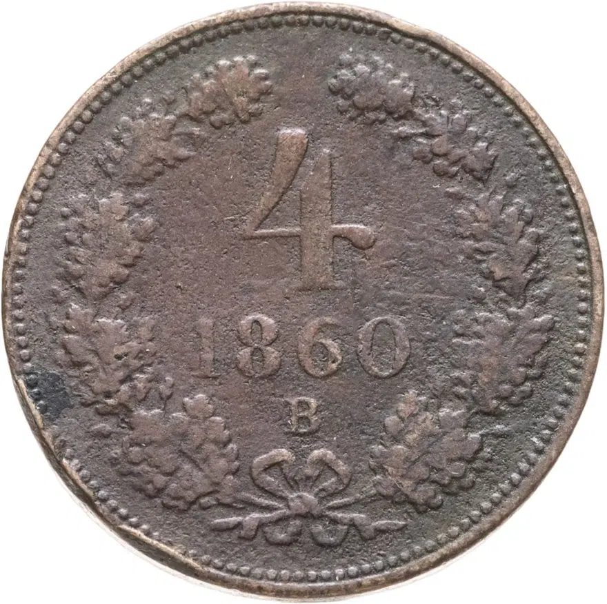 Австрия 4 крейцера (kreuzer) 1860 B  знак монетного двора "B" - Кремница, аверс