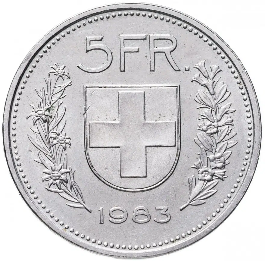 Швейцария 5 франков (francs) 1983, реверс