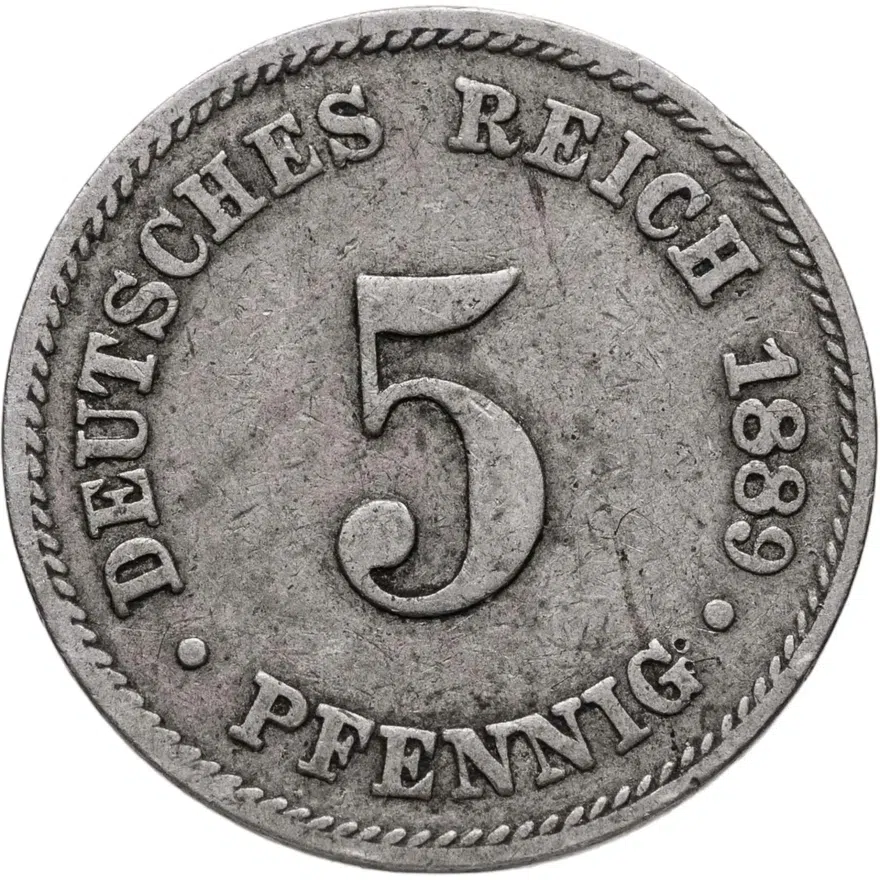Германия 5 пфеннигов (pfennig) 1889 J  знак монетного двора: "J" - Гамбург, аверс