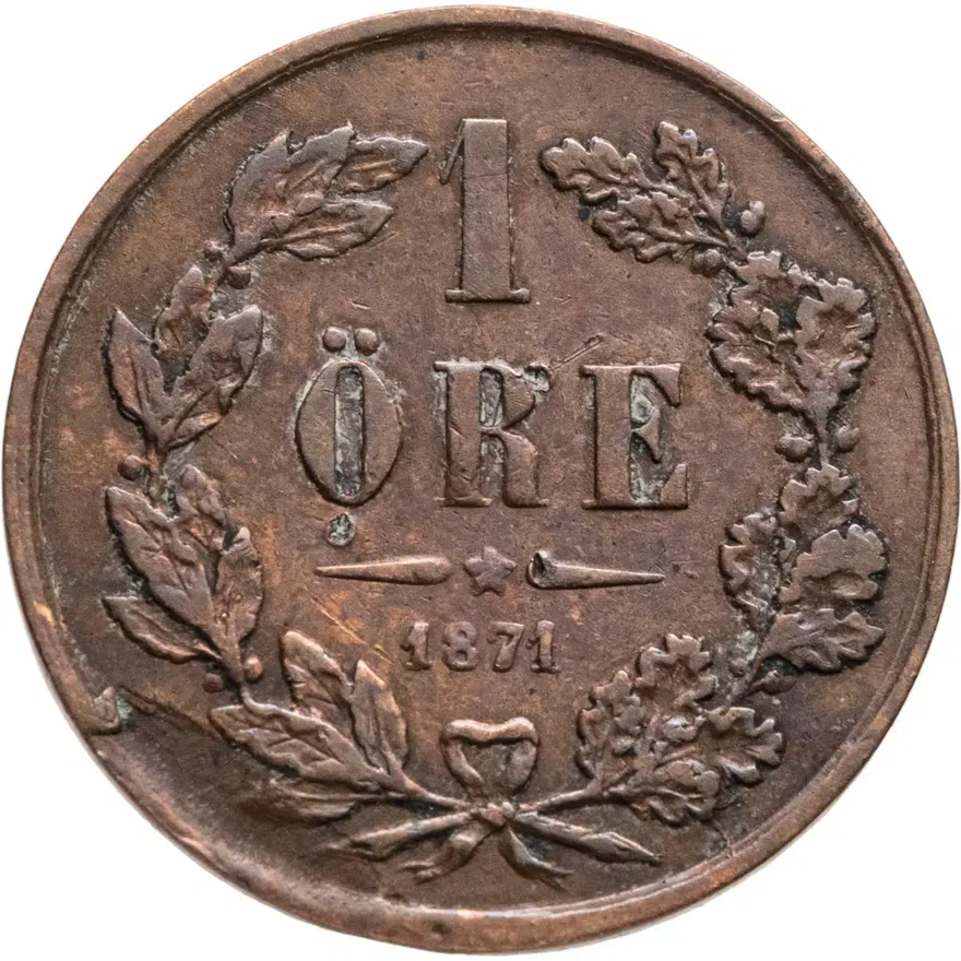 Швеция 1 эре (ore) 1871   Буквы L.A. под бюстом