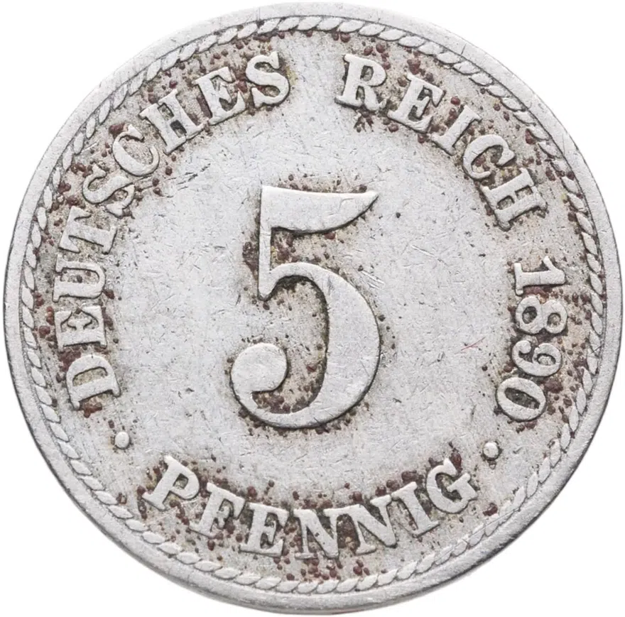 Германия 5 пфеннигов (pfennig) 1890 A  знак монетного двора: "A" - Берлин, аверс