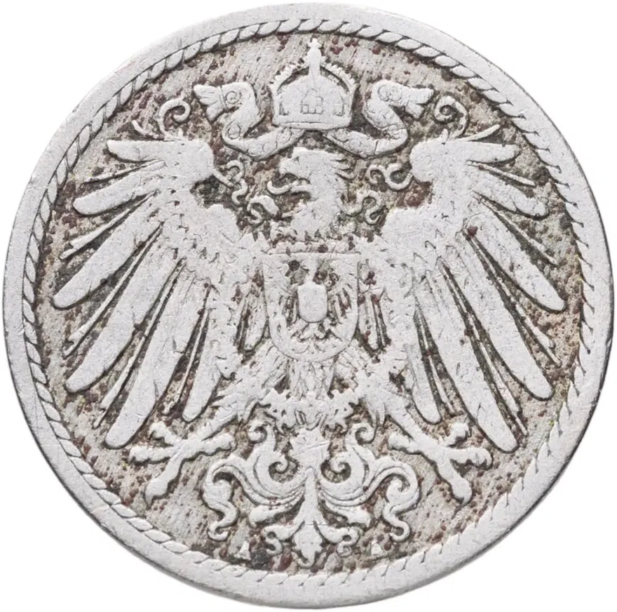 Германия 5 пфеннигов (pfennig) 1890 A  знак монетного двора: "A" - Берлин, реверс