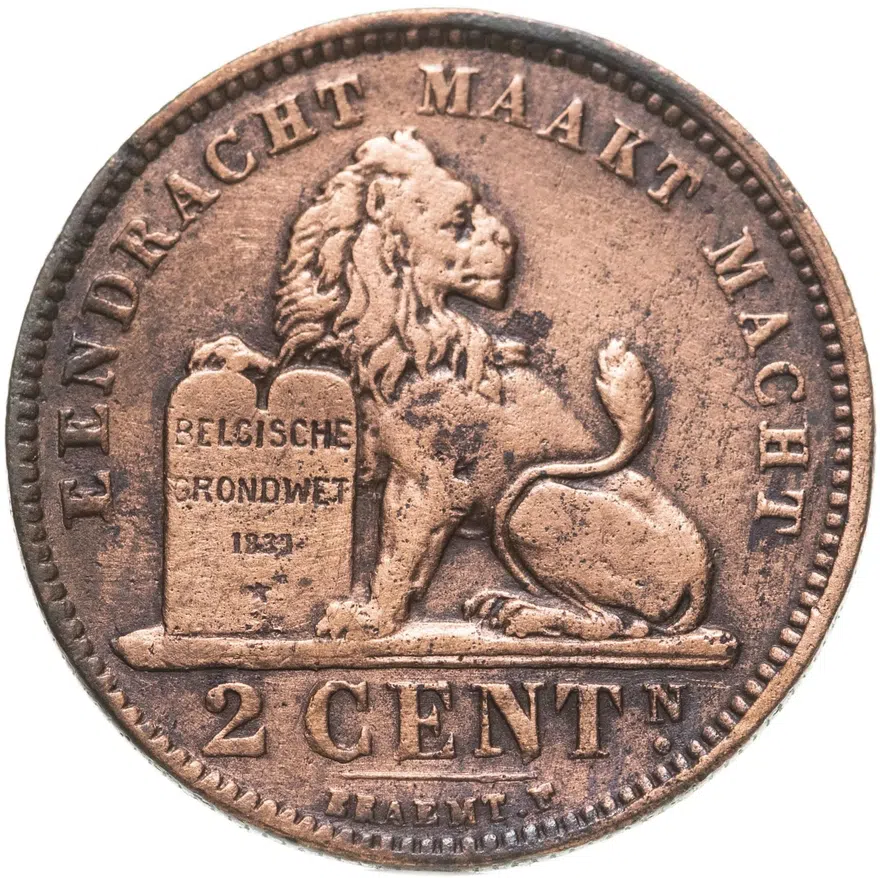 Бельгия 2 сантима (centimes) 1902   Надпись на голландском - 'DER BELGEN'