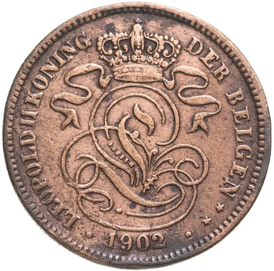 Бельгия 2 сантима (centimes) 1902   Надпись на голландском - 'DER BELGEN', реверс