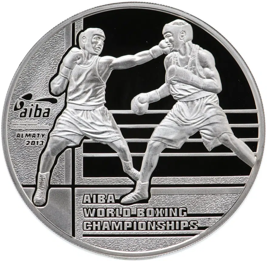 Казахстан 100 тенге 2013 "Чемпионат мира по боксу" в футляре, с сертификатом, аверс
