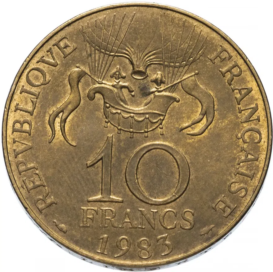 Франция 10 франков (francs) 1983  "200 лет первому полету на шаре", реверс