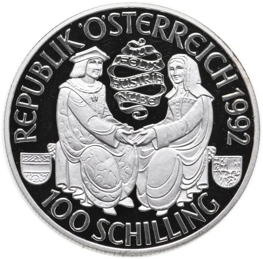Австрия 100 шиллингов (shillings) 1992  Максимилиан I, реверс