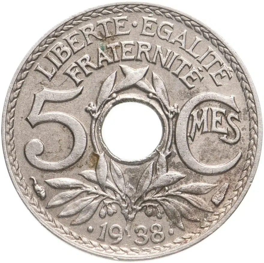 Франция 5 сантимов (centimes) 1938 Рог изобилия Точки вокруг даты знак монетного двора: "Рог изобилия": - Париж, аверс