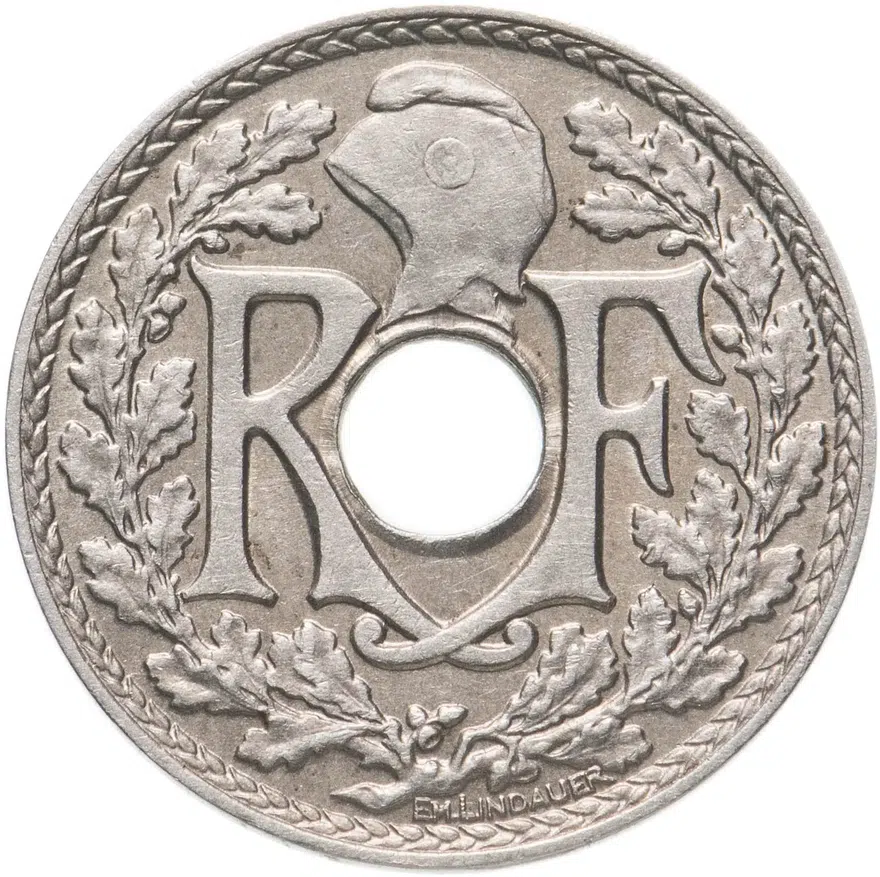 Франция 5 сантимов (centimes) 1938 Рог изобилия Точки вокруг даты знак монетного двора: "Рог изобилия": - Париж, реверс