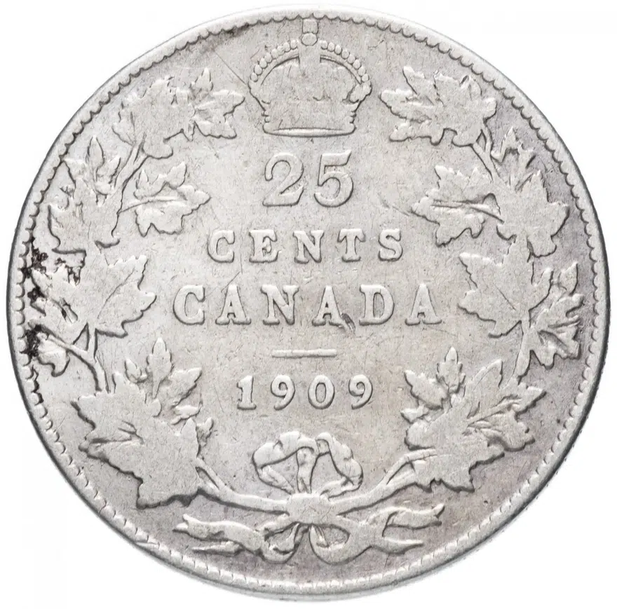 Канада 25 центов (cents) 1909, реверс