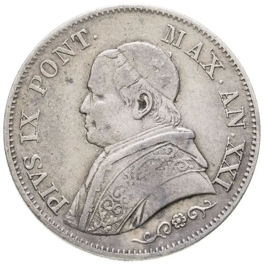 Папская область 1 лира (lira) 1866 Надпись "PIVS IX PONT." на аверсе