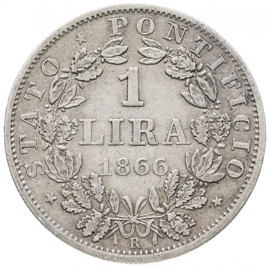 Папская область 1 лира (lira) 1866 Надпись "PIVS IX PONT." на аверсе, реверс