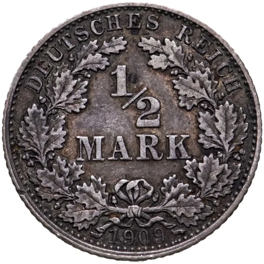 Германия 1/2 марки (mark) 1909 D  знак монетного двора: "D" - Мюнхен, аверс