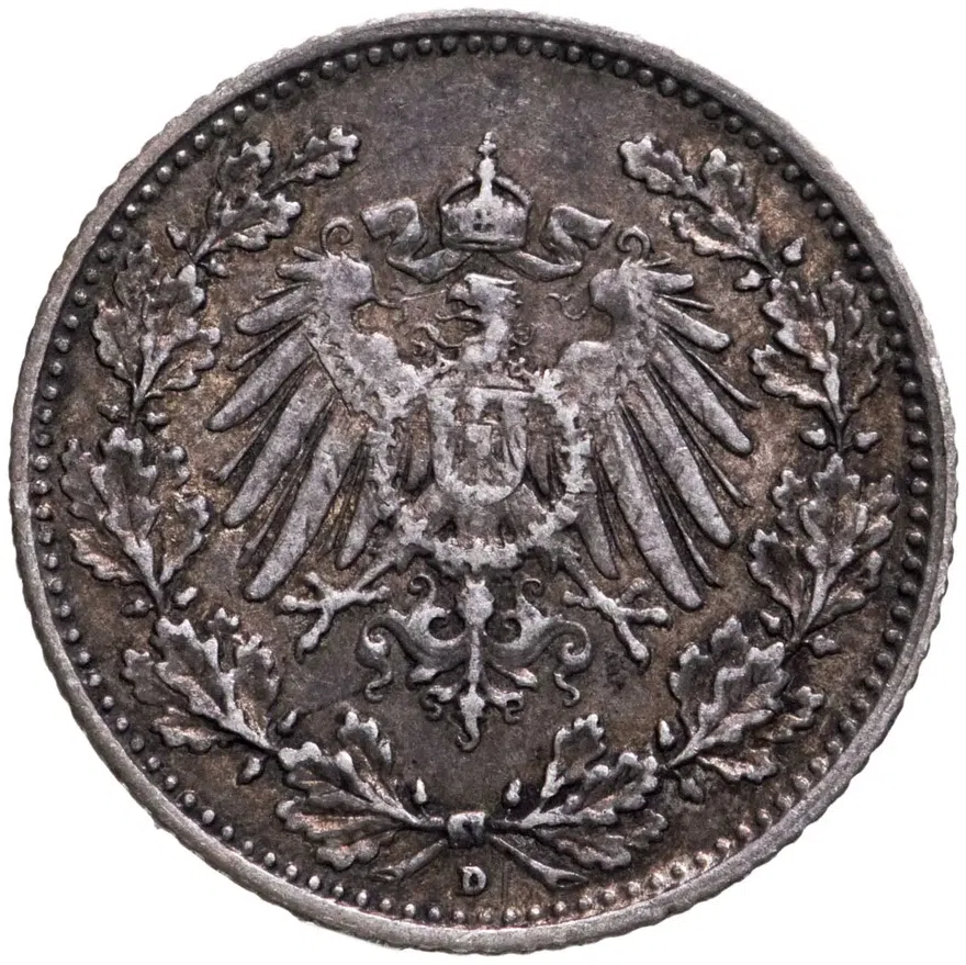 Германия 1/2 марки (mark) 1909 D  знак монетного двора: "D" - Мюнхен, реверс