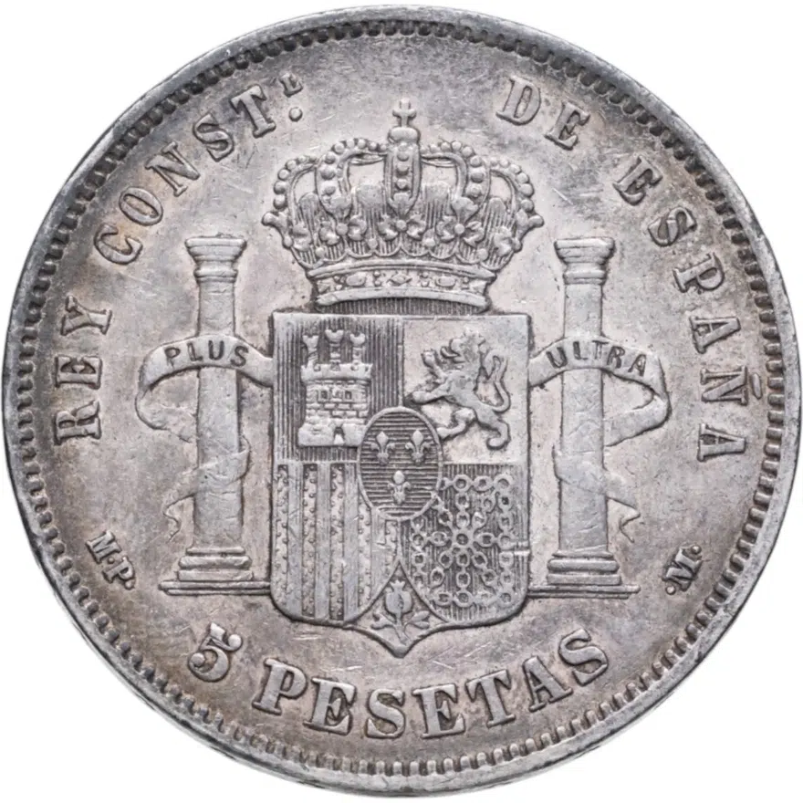 Испания 5 песет (pesetas) 1885 год 18 и 87 внутри звёзд; отметка монетного двора: "MS M" - M.Morejon, P.Sala, реверс