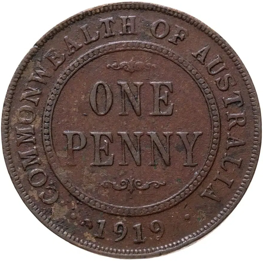 Австралия 1 пенни (penny) 1919   Точка под нижним свитком на реверсе