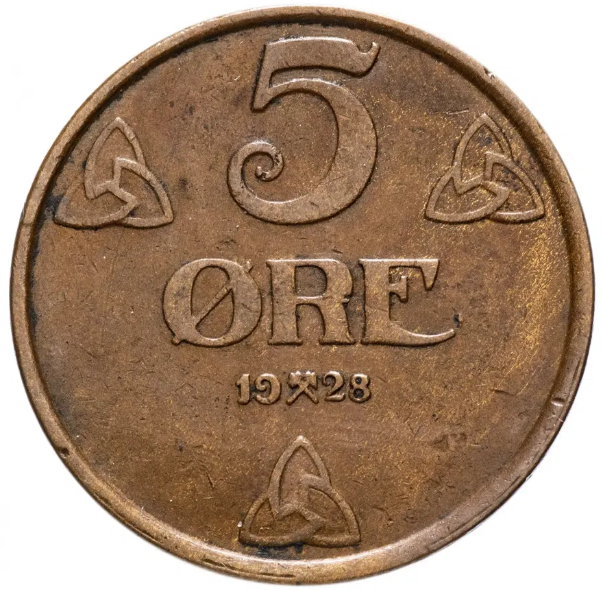 5 эре (ore) 1928     Норвегия, реверс