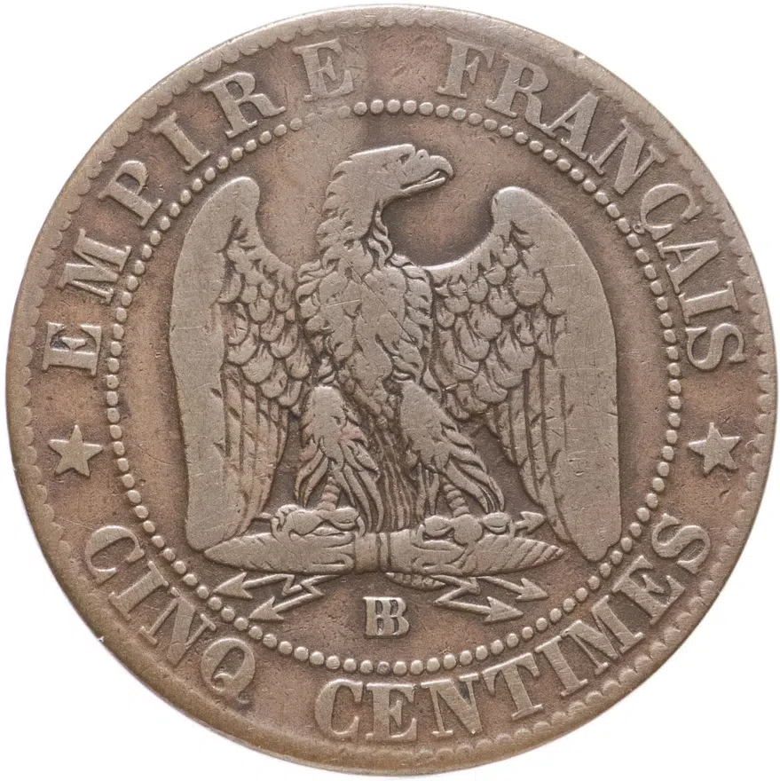 Франция 5 сантимов (centimes) 1864 BB  знак монетного двора: "BB" - Страсбург, аверс