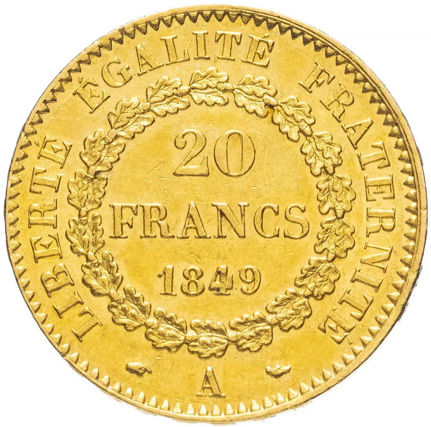 Франция 20 франков (francs) 1849   "Гений", реверс